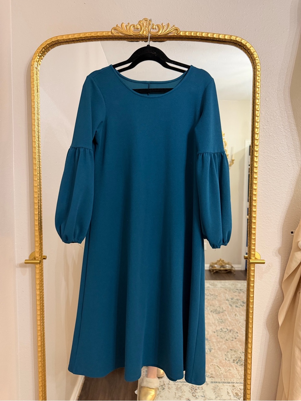 Women's Teal Midi Dress with Bishop Sleeves